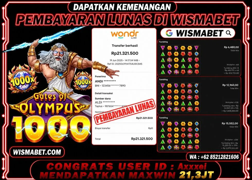 BUKTI KEMENANGAN Gates of Olympus 1000 Rp21,300,000- LUNAS